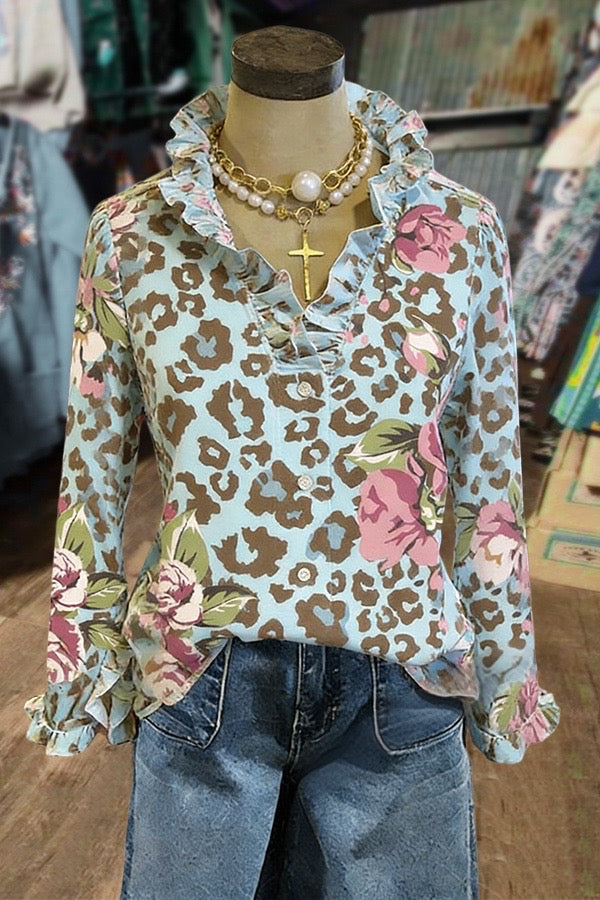 Leopard Floral Print Ruffle Neck Blouse