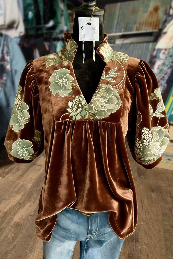 Retro Floral Print V-Neck Puff Sleeve Velvet Shirt