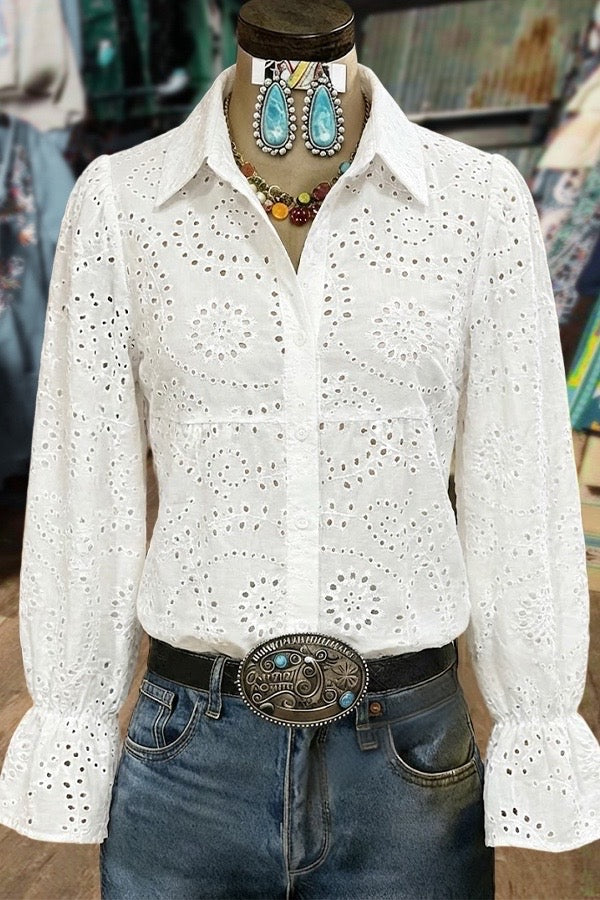 Solid Eyelet Cuff Long Sleeve Blouse