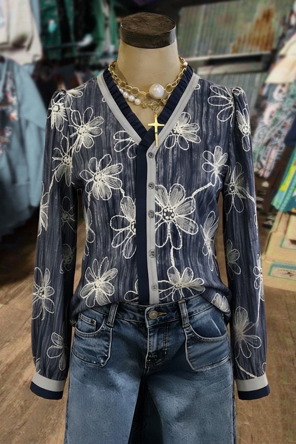 Chic Floral Print Ruffle Neck Long Sleeve Blouse