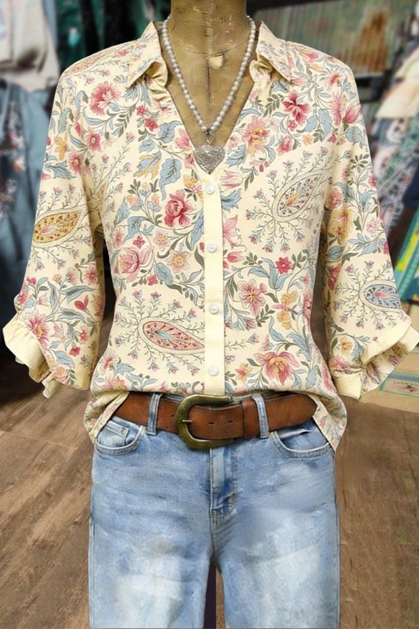 Vintage Floral Print Split Neck Three Quater Dolman Sleeves Blouse