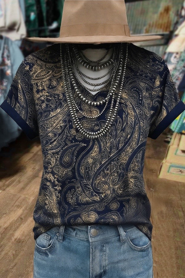 Retro Paisley Print Short Sleeve T-Shirt
