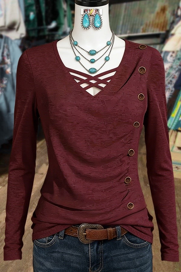 Solid V-Neck Button Detailed Long Sleeve Top