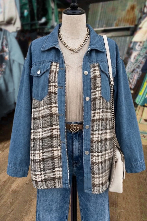 Casual Plaid Patch Long Sleeve Denim Jacket