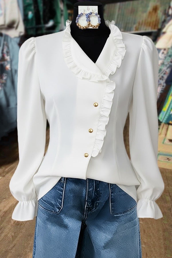 Solid Asymmetrical Button Ruffle Neck Long Sleeves Blouse