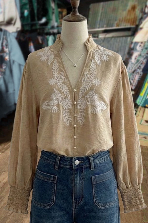 Embroidered Peasant Blouse with Smocked Cuffs