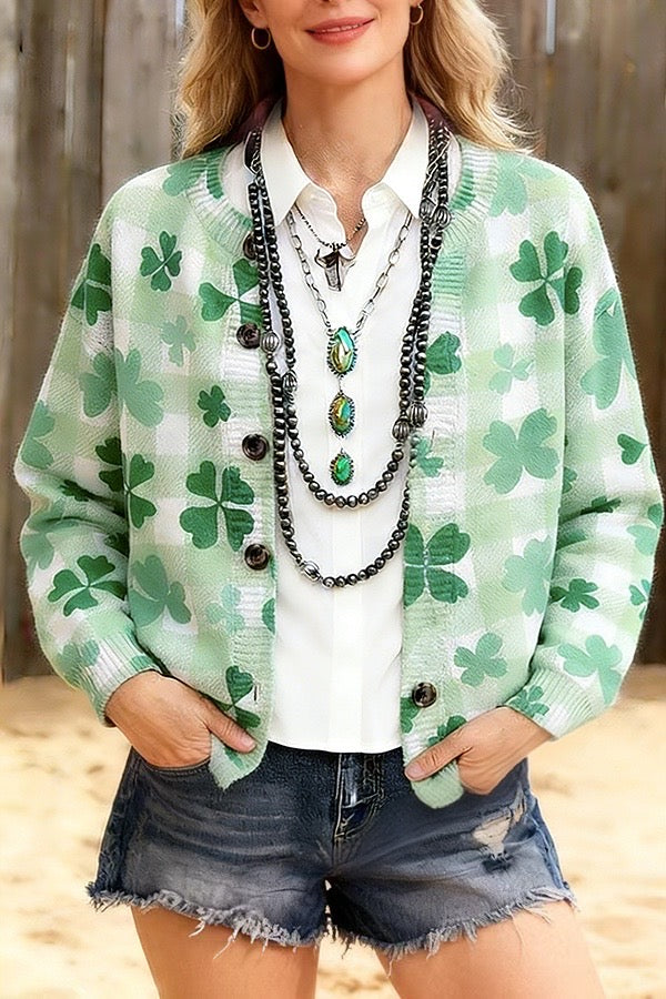 Green Shamrock Print Button-Front Cardigan