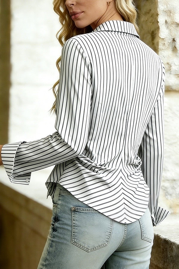 Black and White Striped Asymmetric Hem Shirt