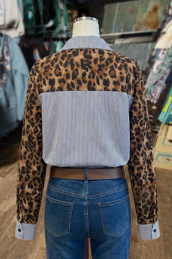 Leopard Print and Striped Mixed-Pattern Shirt