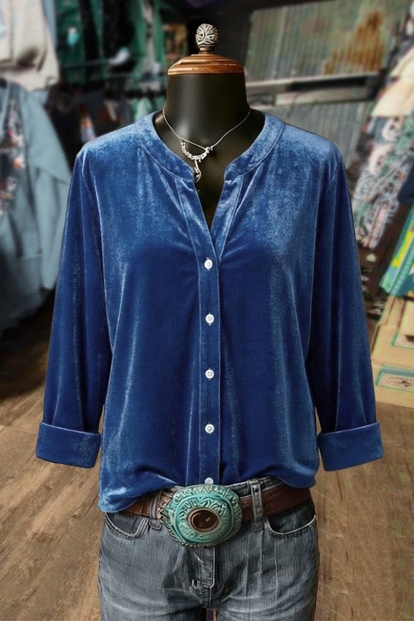 Navy Blue Velvet Button-Down Blouse