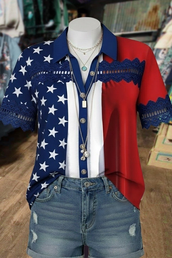 American Flag Crochet Trim Button-Down Top