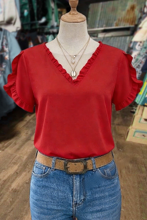 Red Ruffle Trim V-Neck Top