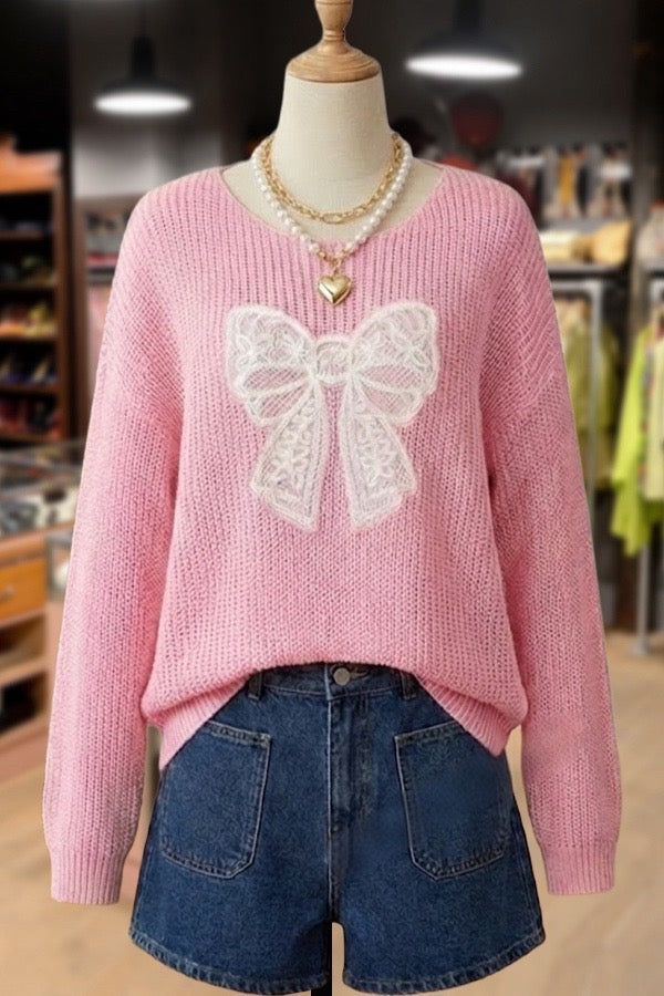 Pink Butterfly Bow Knit Sweater