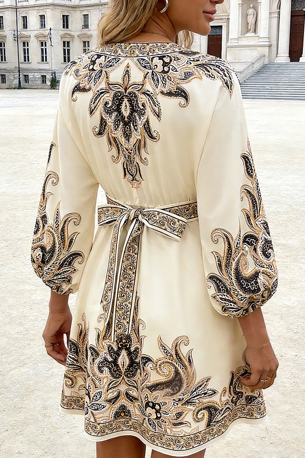 Cream Embroidered Paisley Belted Mini Dress