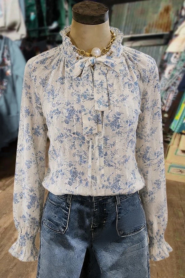 Spring Floral Print Tie Neck Long Sleeve Blouse