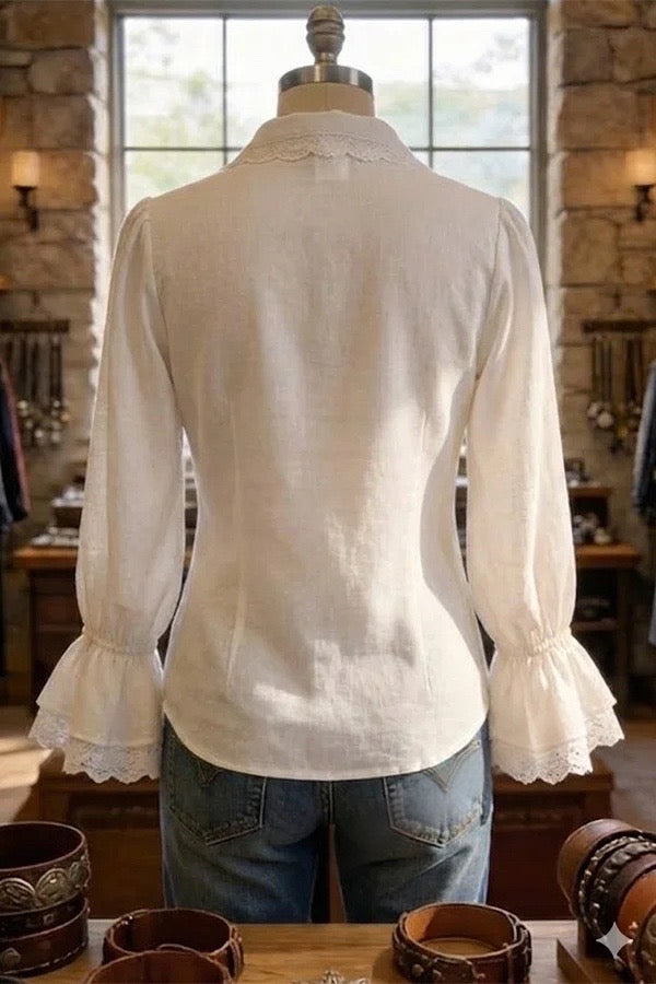 Chic Flower Embroidered Lace Pactch Double Flared Cuffs Blouse