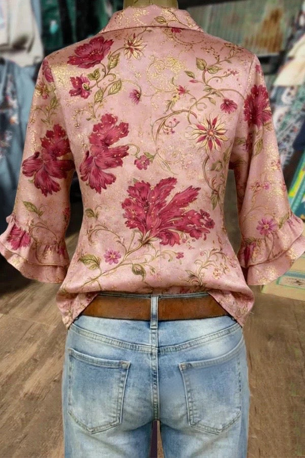 Vintage Floral Print Double Ruffle Cuffs Blouse