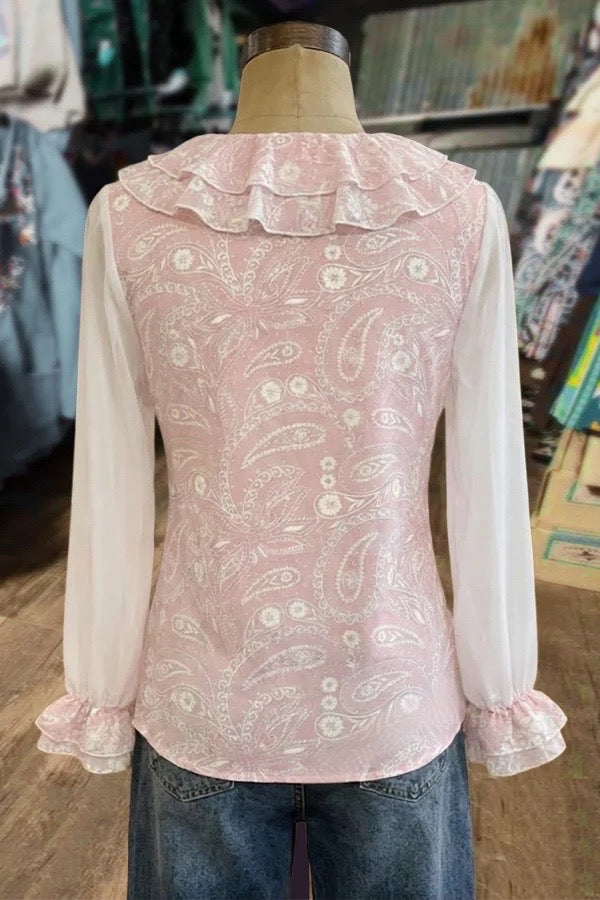 Retro Paisley Floral Print Ruffle V-Neck Mesh Top
