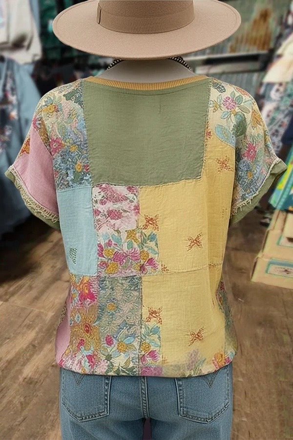 Retro Mixed Floral Patch V-Neck T-Shirt