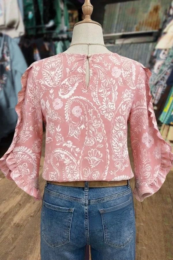 Vintage Paisley Print Ruffle Trim Three Quater Sleeves Blouse