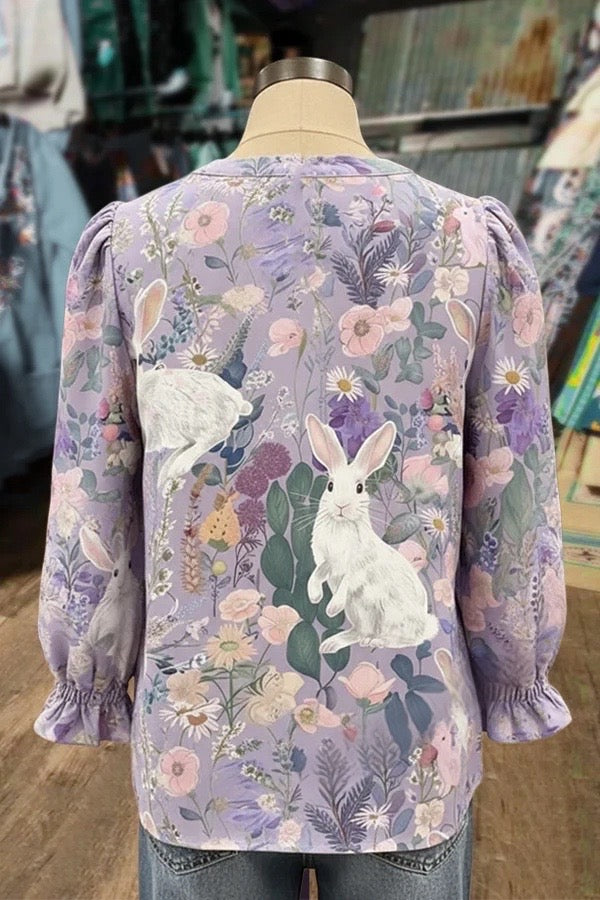Easter Bunny Print V-Neck Puff Sleeve Top