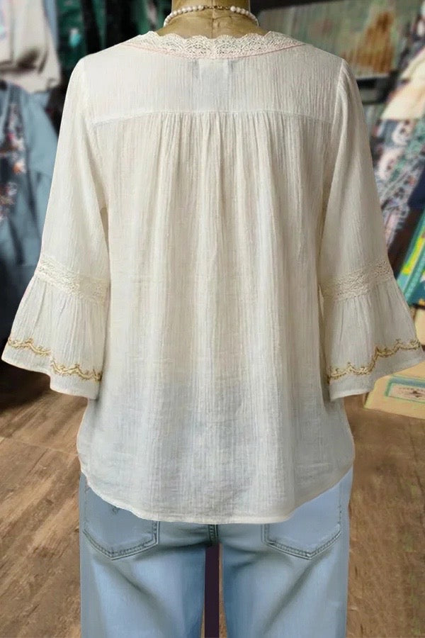 Boho Flower Embroidered Lace V-Neck Top