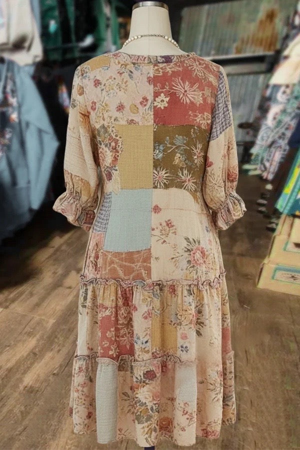 Vintage Mixed Floral Patch Print Half Sleeve Midi Dress