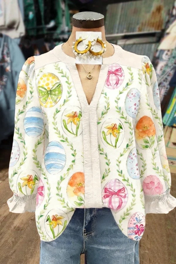 Chic Easter Egg Print Notch Neck Puff Sleeve Blouse