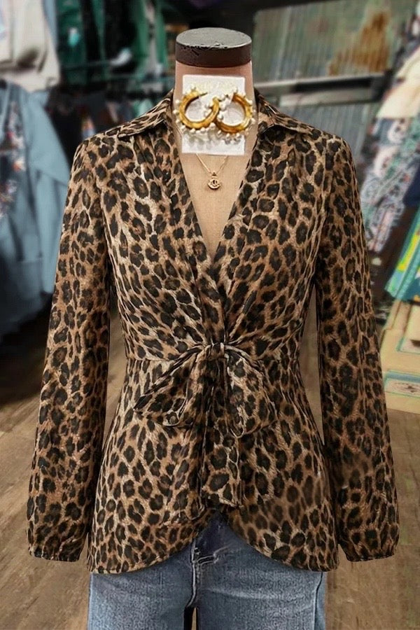 Leopard Print V-Neck Bow Tie Blouse