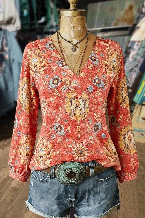 Retro Floral Print V-Neck Long Sleeve Top