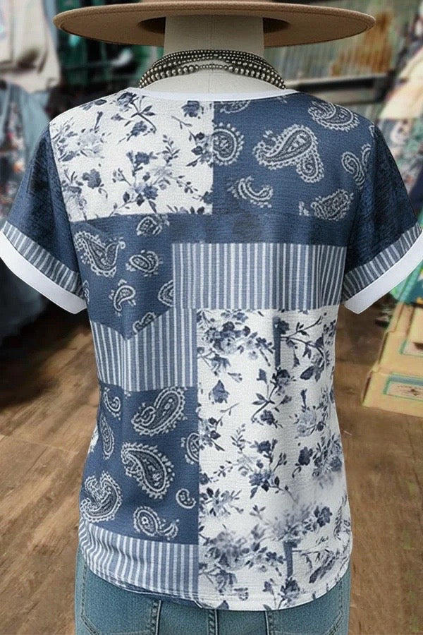 Retro Mixed Floral Patch Round Neck T-Shirt