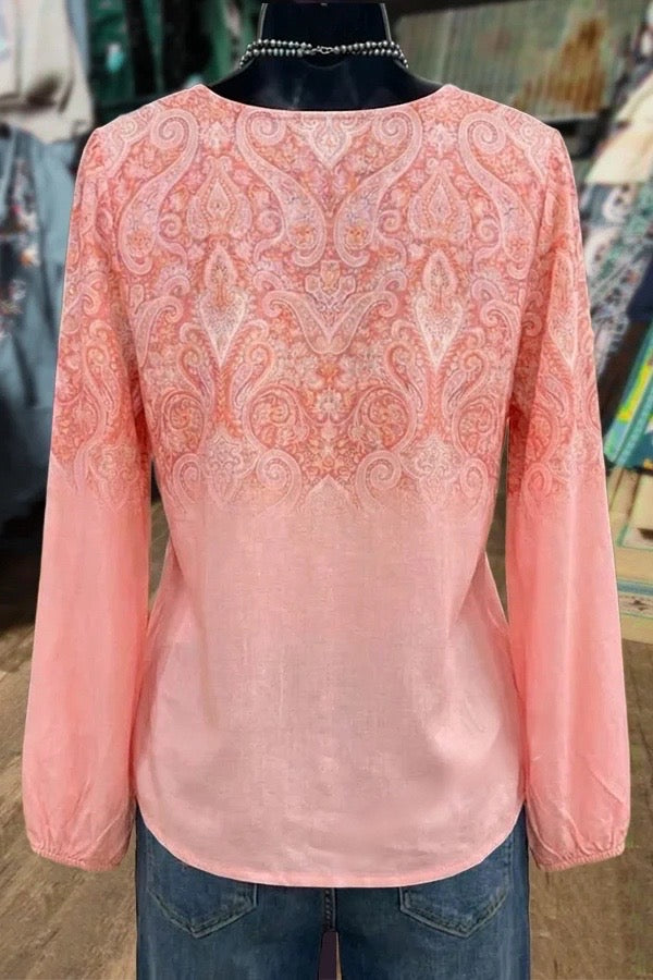 Retro Gradient Paisley Print V-Neck Blouse