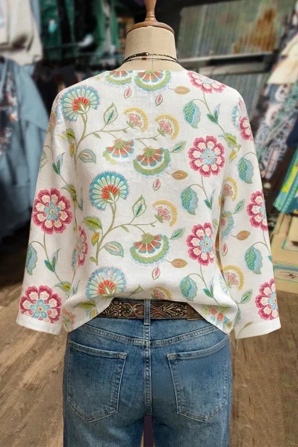 Retro Floral Print V-Neck Blouse
