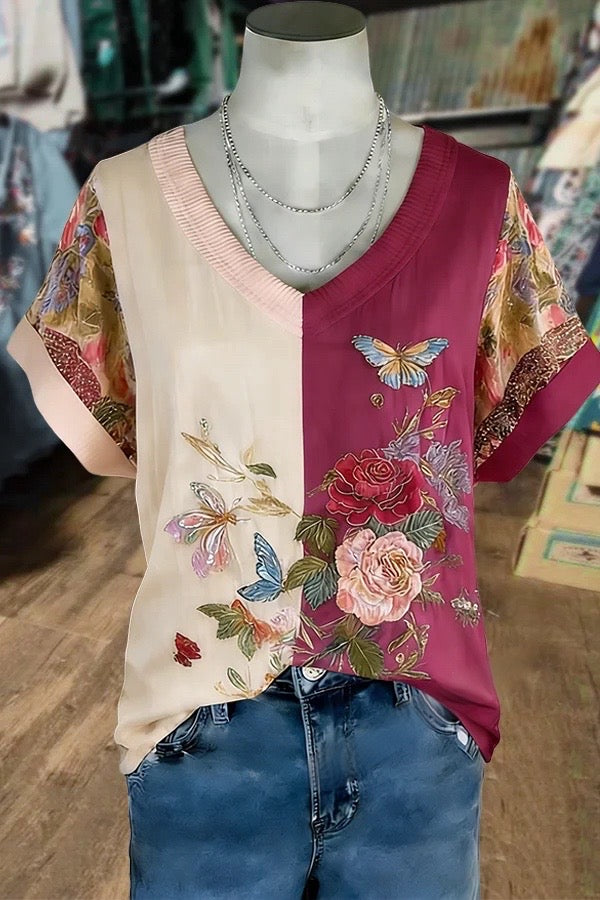 Vintage Floral Print V-Neck Ribbed T-Shirt