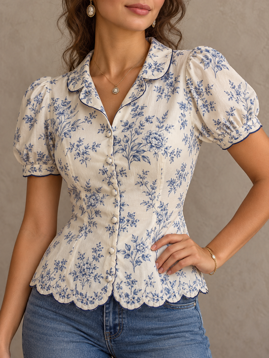 White Blue Floral Print Puff Sleeve Button Front Blouse