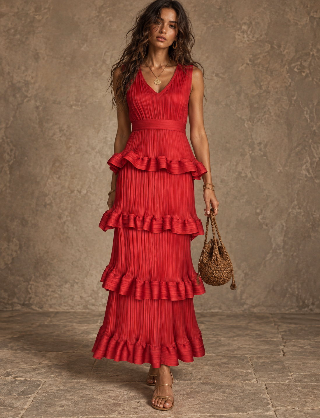 Red Pleated Tiered Ruffle Maxi Dress