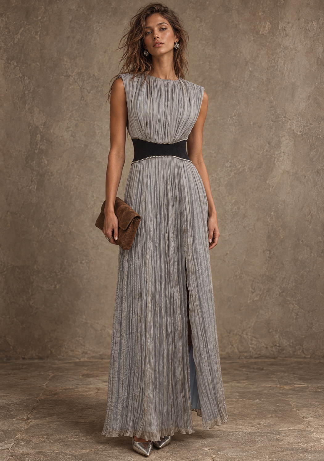 Grey Pleated Sleeveless Maxi Dress
