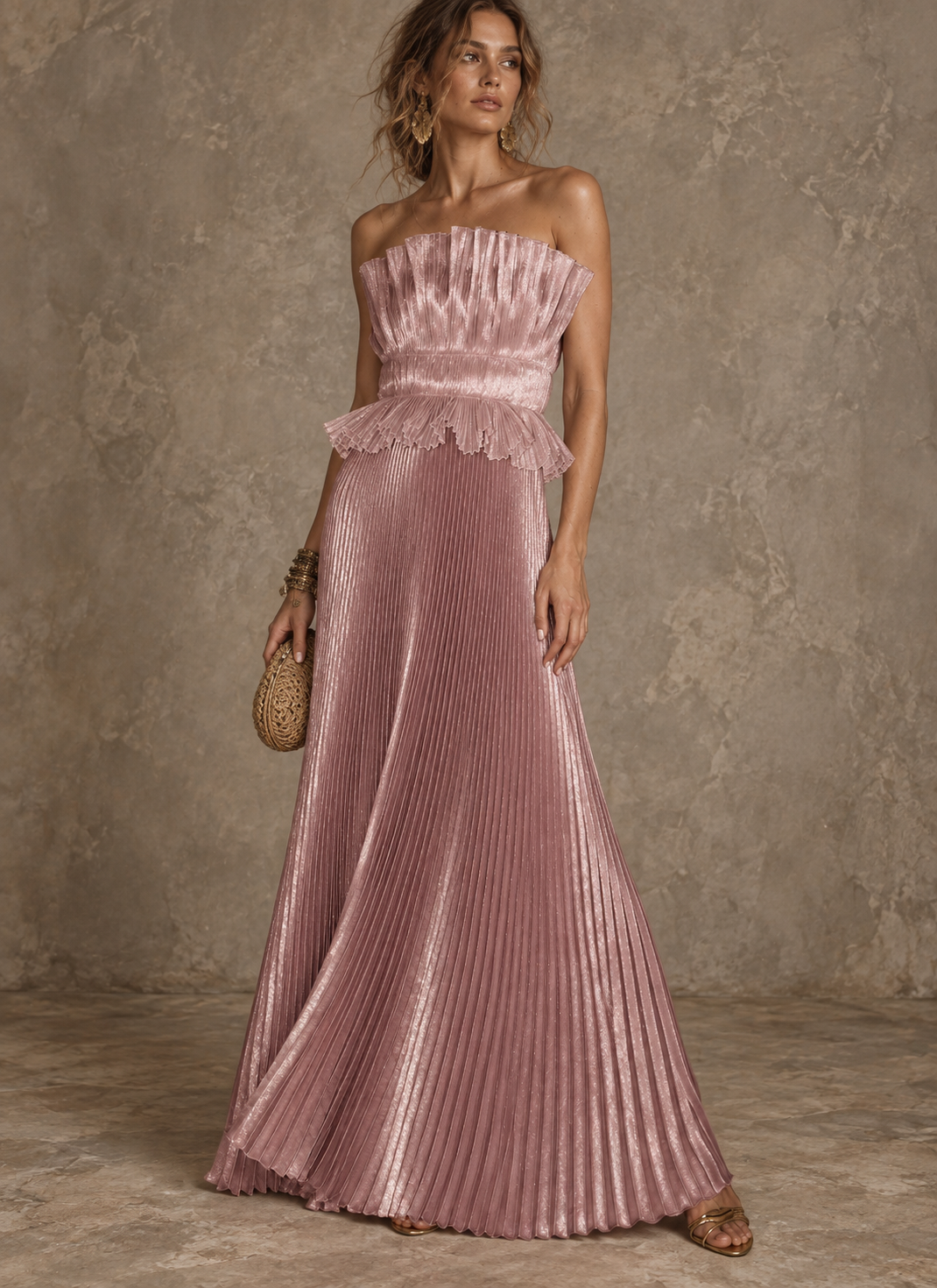 Pink Pleated Strapless Maxi Dress