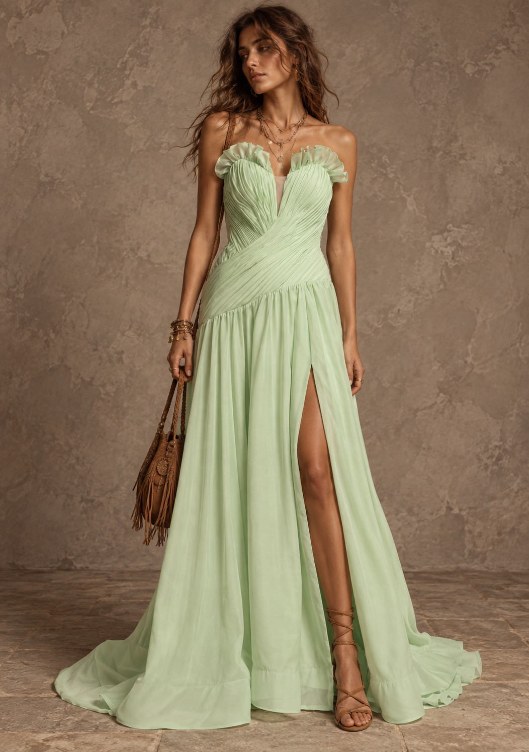 Light Green Pleated High Slit Maxi Dress