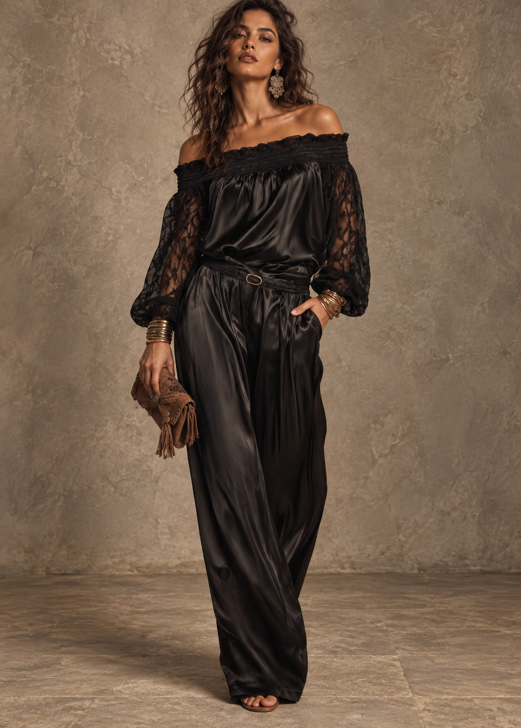 Black Satin Off-Shoulder Lace Jumpsuit