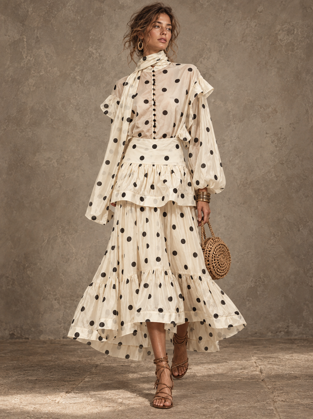 Cream Polka Dot Ruffle Midi Dress