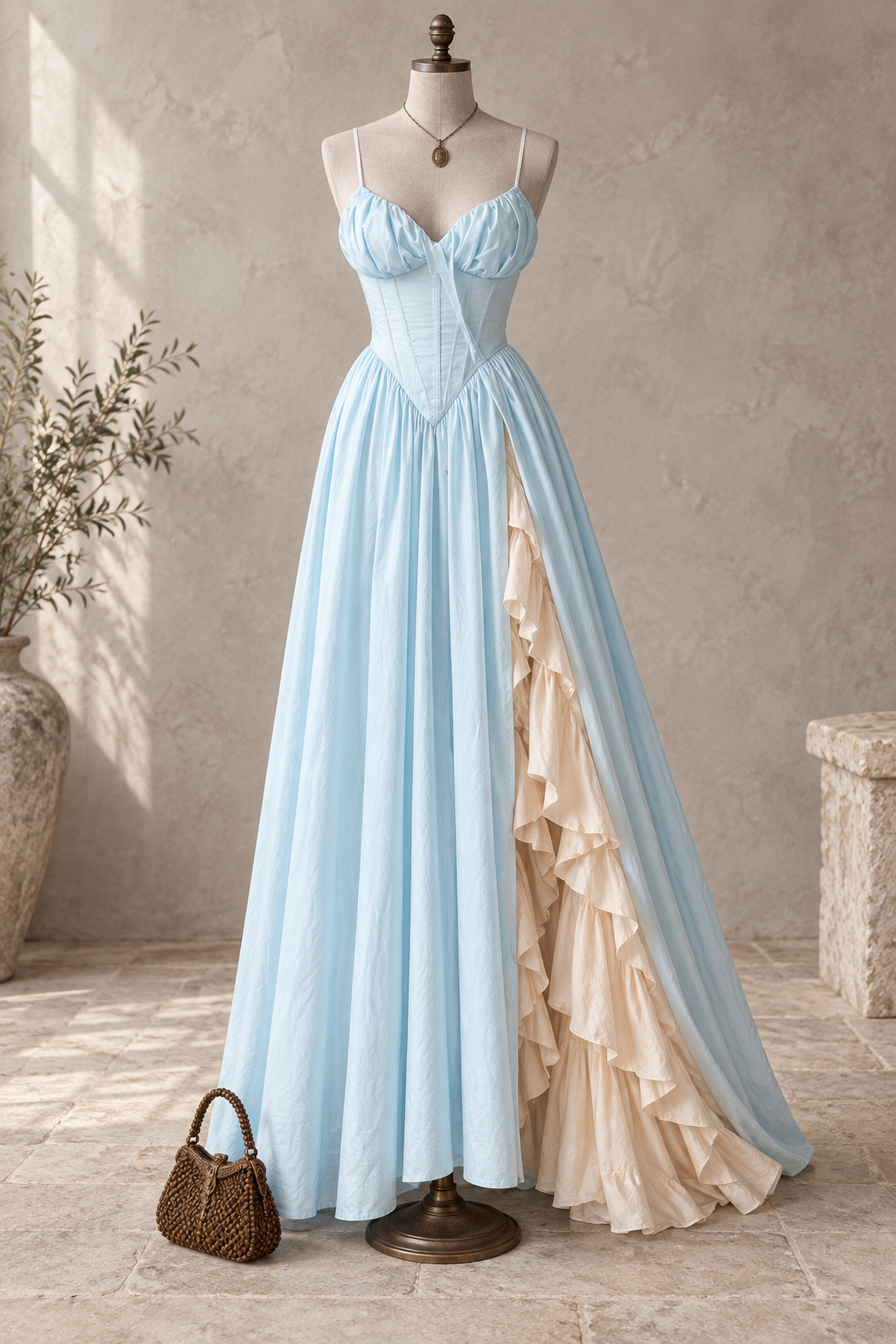 Light Blue High Slit Ruffle Maxi Dress