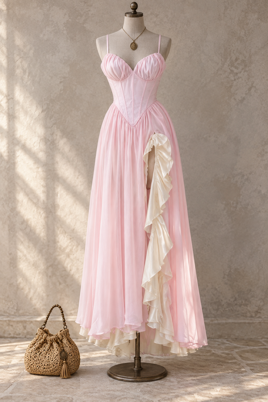 Pink Corset Ruffle High Slit Maxi Dress