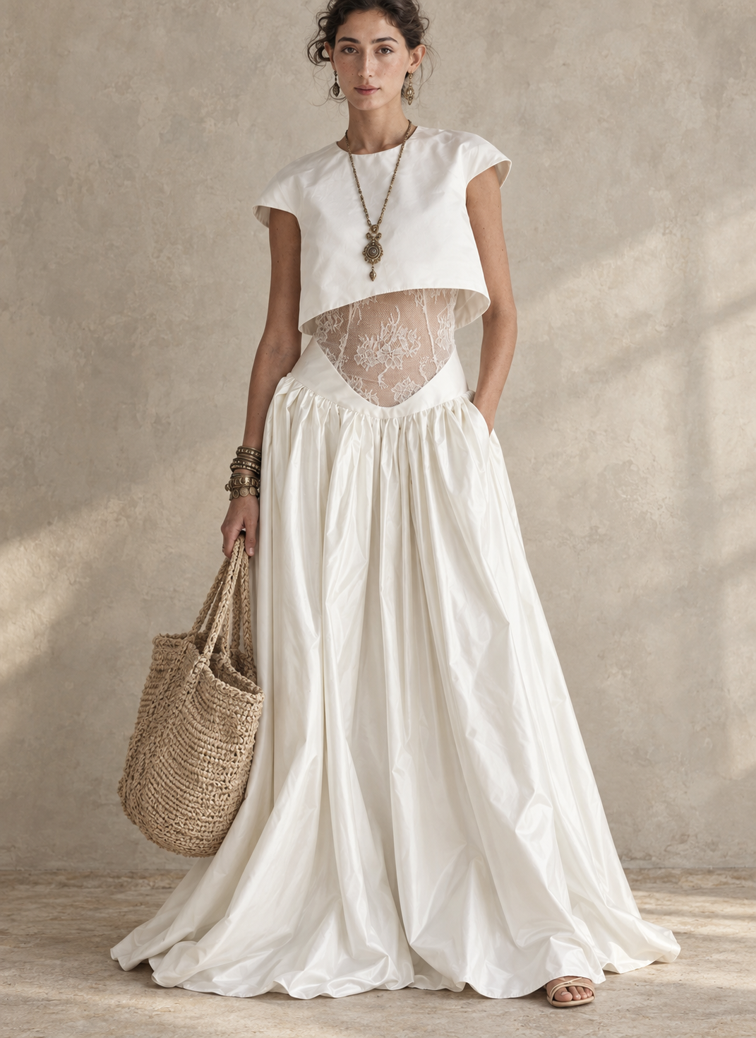 White Lace Panel Gathered Maxi Dress