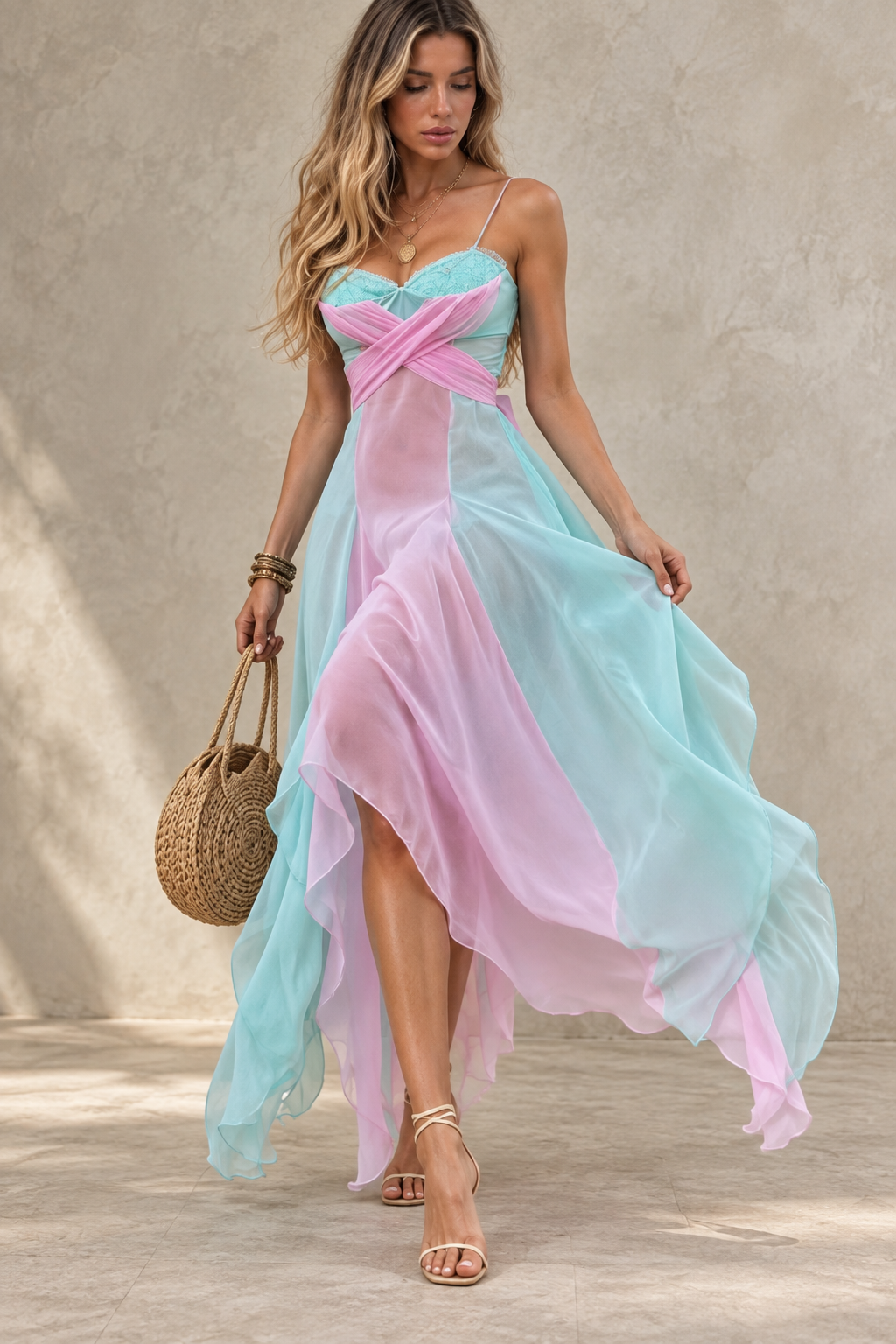 Pink Blue Ombre Chiffon High Low Maxi Dress