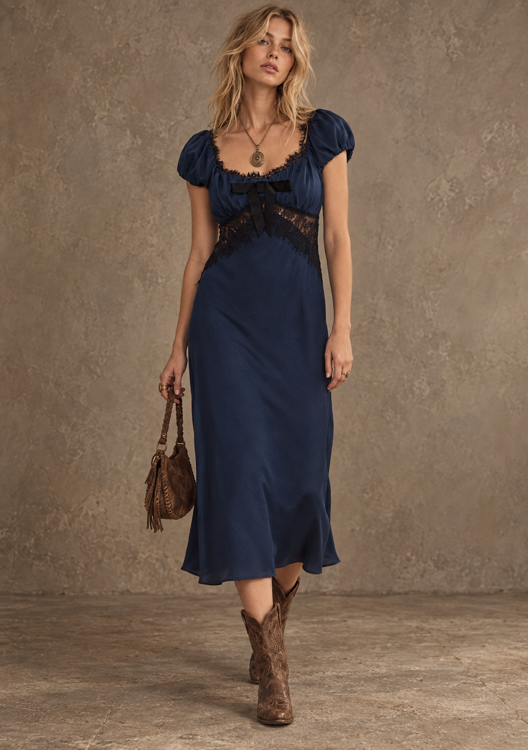 Navy Lace Trim Puff Sleeve Midi Dress