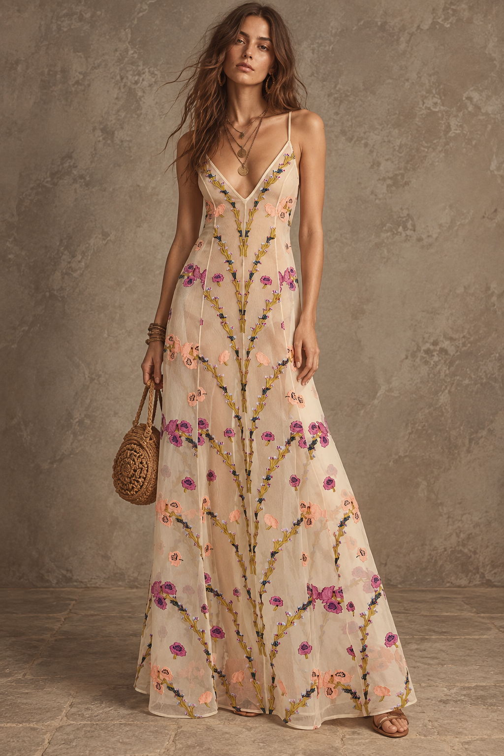 Beige Floral Embroidered Sheer Maxi Dress
