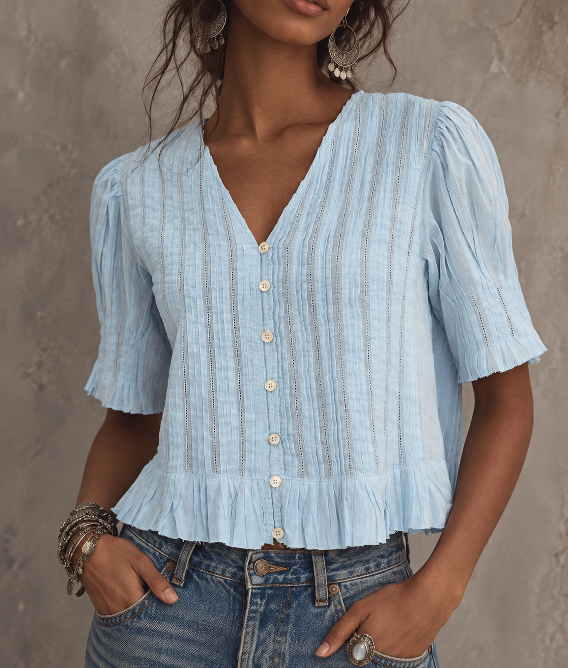 Light Blue Pintuck Button Front Peplum Blouse