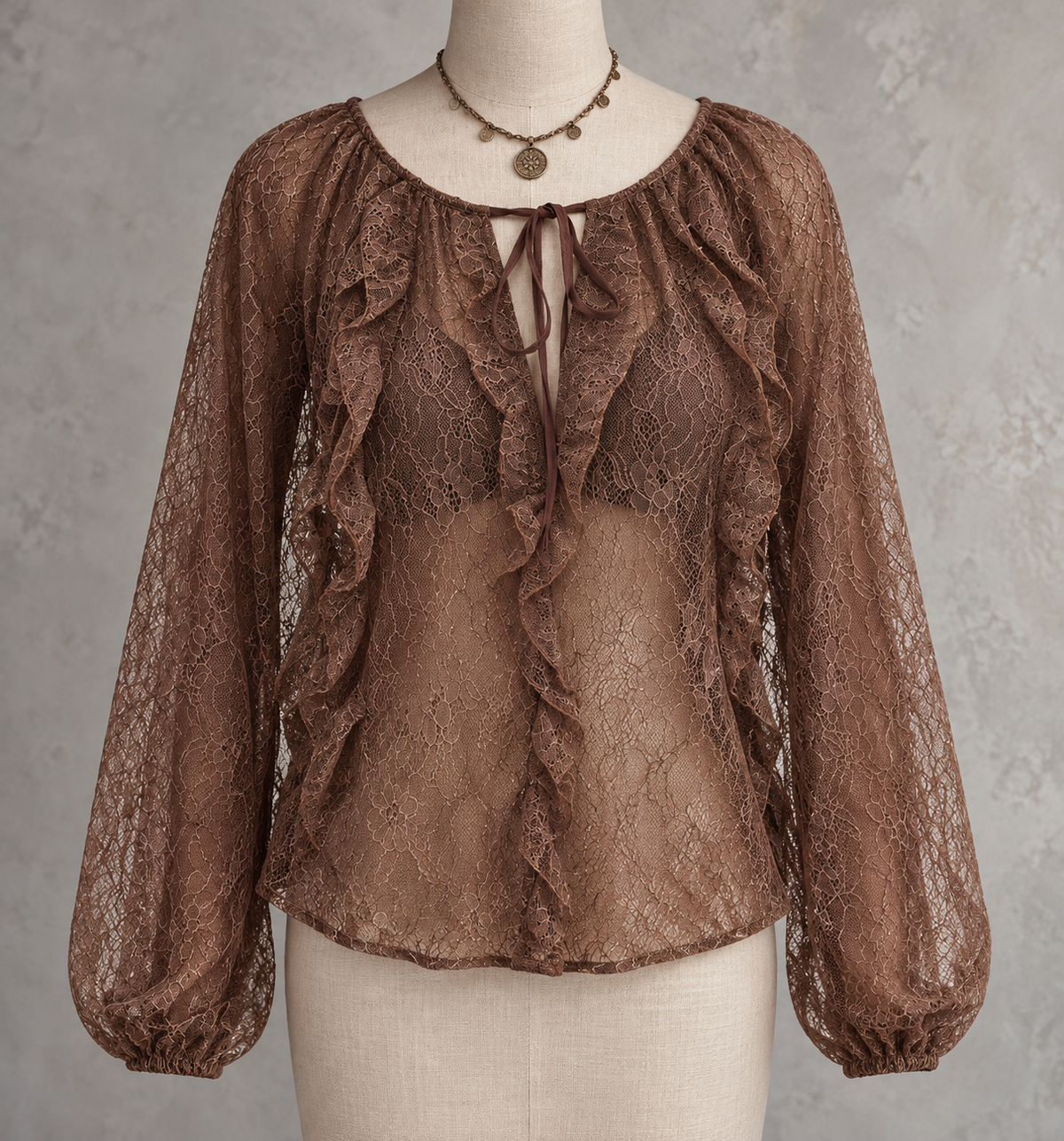 Brown Sheer Lace Ruffle Blouse