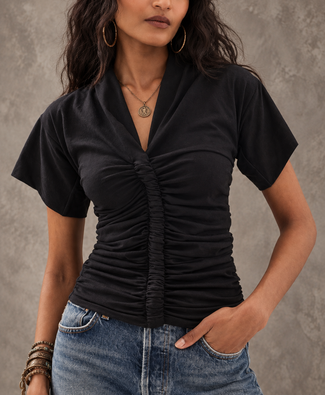 Black Ruched V-Neck Short Sleeve Top